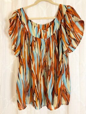 Ashley Stewart Boho Flutter Sleeve Blouse Size 20 Plus Abstract Print Flowy Top